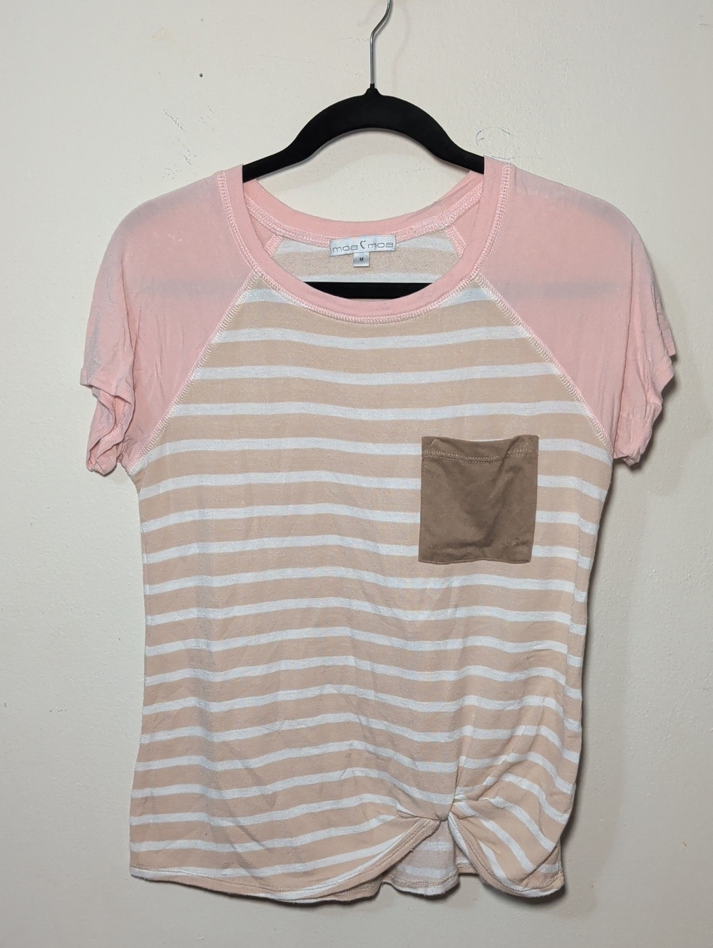 Moa Moa Raglan T-Shirt Tan White Pink Striped Twist-Knot Hem Women's Size M